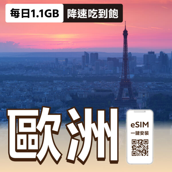歐洲 ESIM | 每日1.1GB降速吃到飽